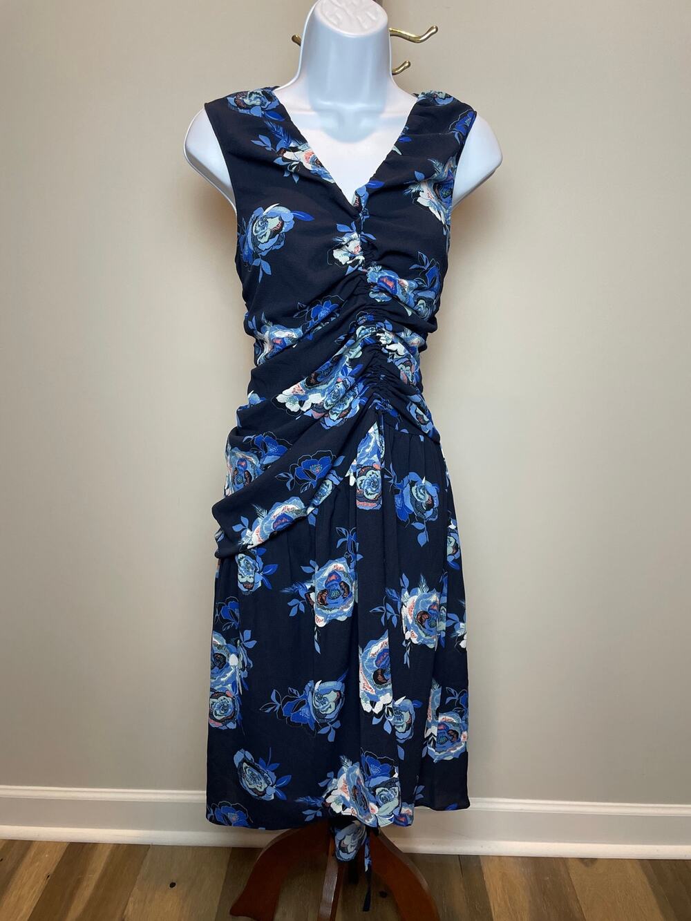 Halogen Dress Size M Blue Watercolor Floral Sleeveless VNeck High Low Midi